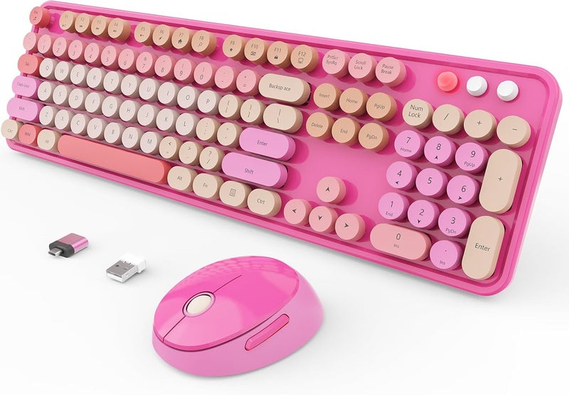SkyGive Wireless Keyboard and Mouse Combo, Ergonomic Full Size Typewriter Retro Round Keycaps Keyboard, Compatible with Windows, PC, Perfer for Home and Office Keyboards （Red） - Image 1